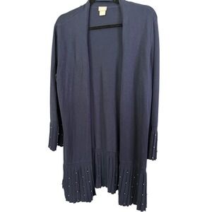 Chicos Sweater Cardigan XL Blue Knit Pearl Pleated Long Sleeve Open Front Slinky